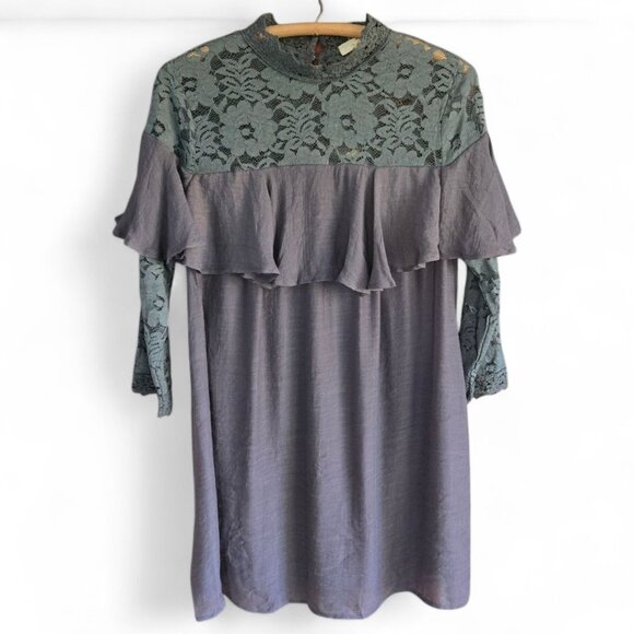 Entro NWT Womens Medium Lace Bodice Dress With Ruffle Front and Lace Sleeves - Picture 1 of 7